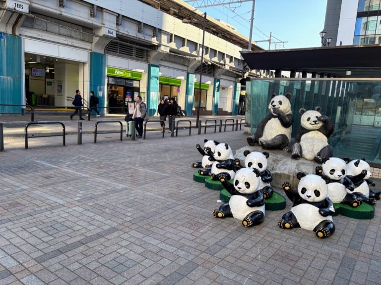 Panda sculptures beside elevated railway tracks near Okachimachi