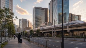Shinagawa Station area with office towers and Shinkansen tracks