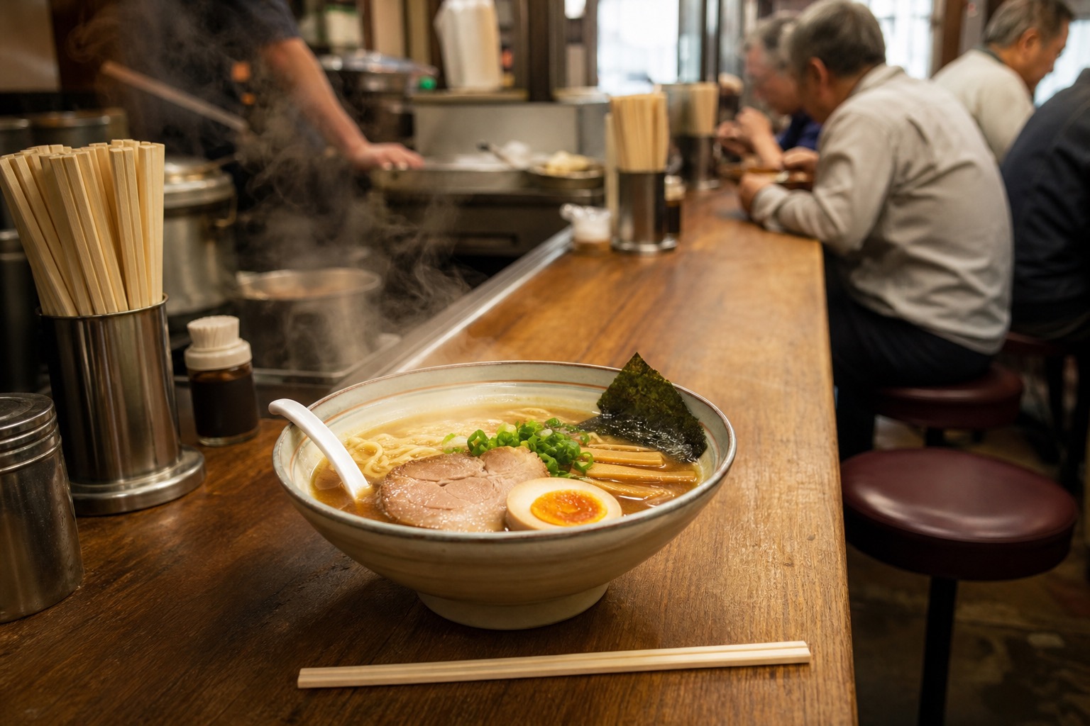 Local ramen counter atmosphere in old-town Asakusa