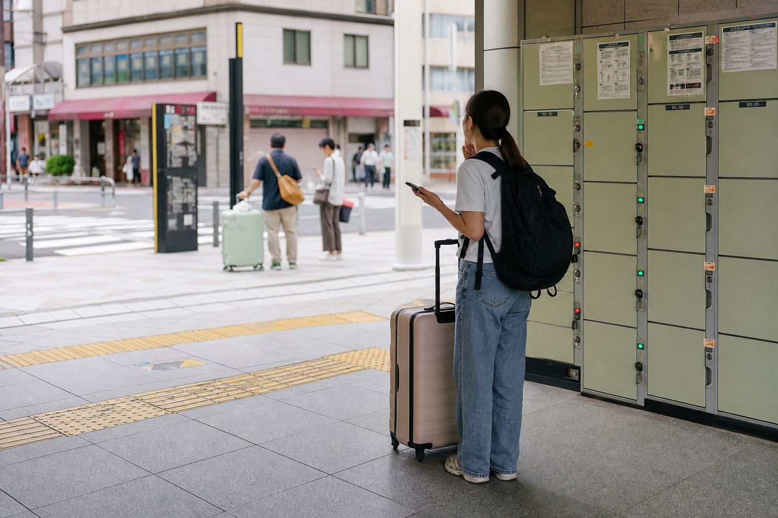 Coin lockers and luggage near an Asakusa station exit