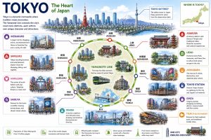 Illustrated Tokyo area infographic showing the Yamanote Line loop and major districts