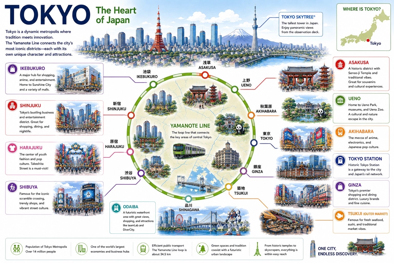 Illustrated Tokyo area infographic showing the Yamanote Line loop and major districts