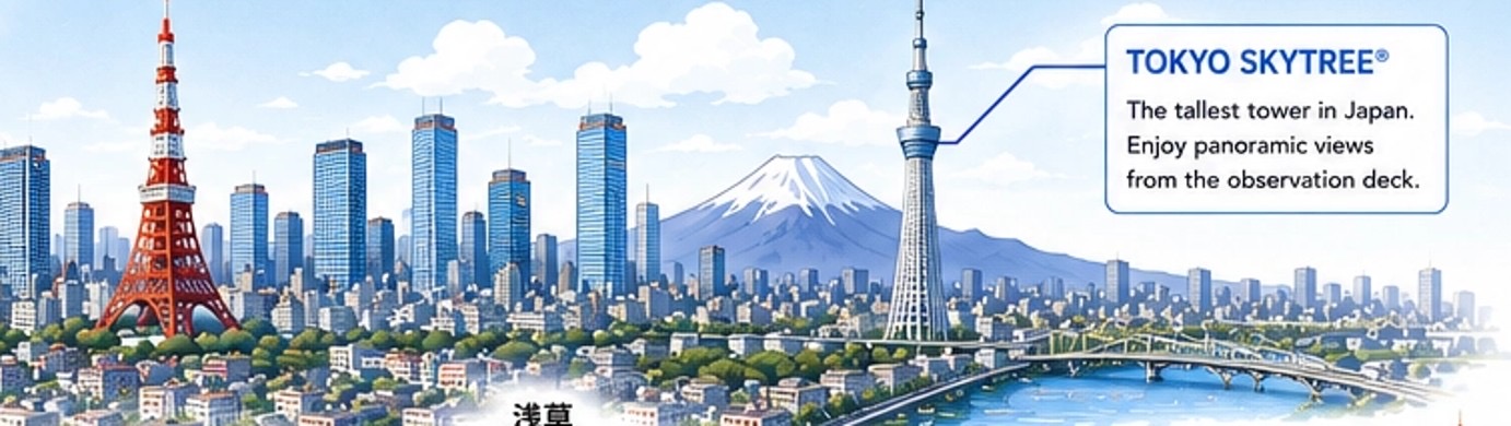 Tokyo skyline with Tokyo Tower, Skytree, Mount Fuji, and central city buildings