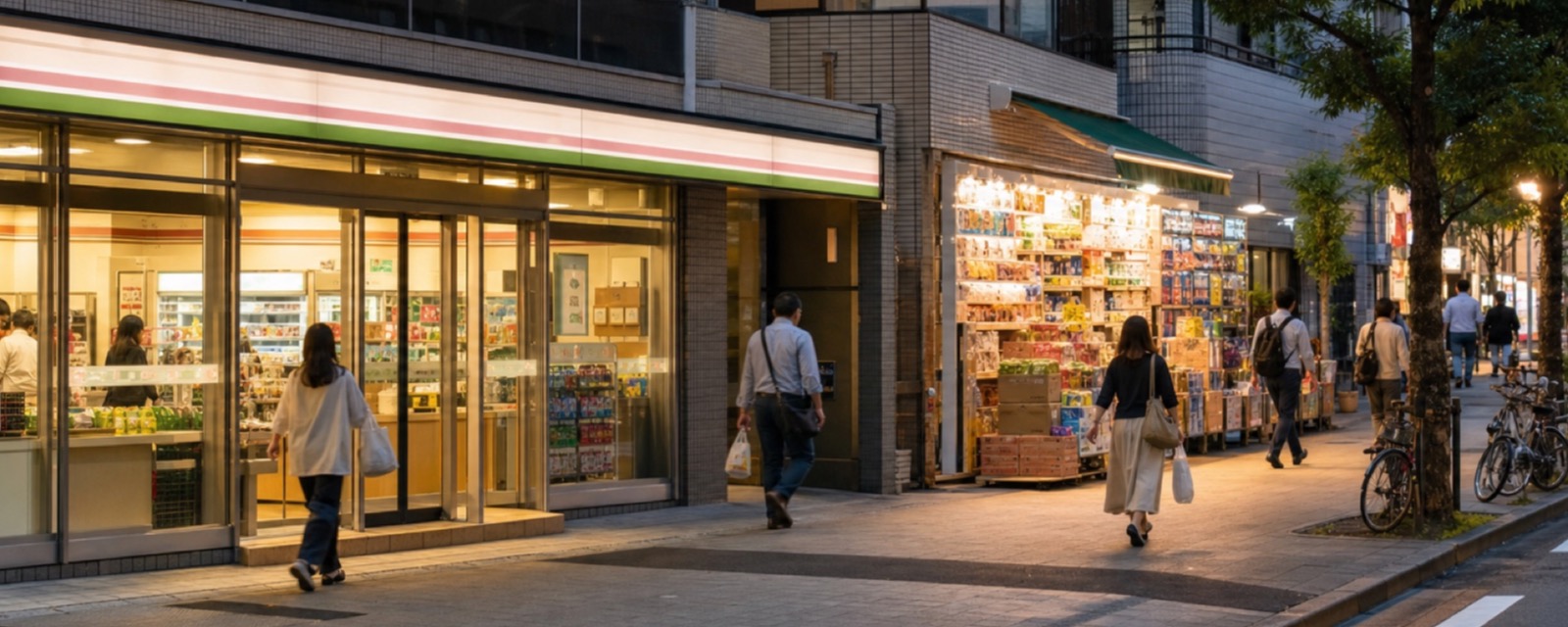 Akihabara convenience stores and everyday shopping at dusk
