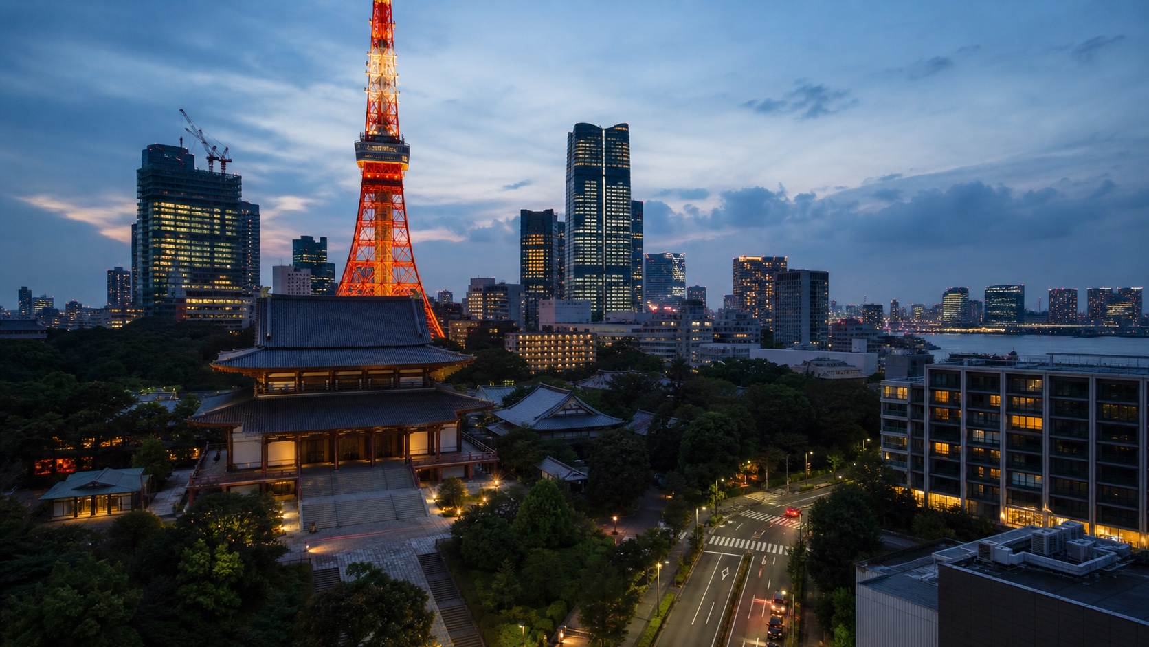 Hamamatsucho, Daimon and Takeshiba skyline at dusk with Tokyo Tower, Zojo-ji, and Tokyo Bay