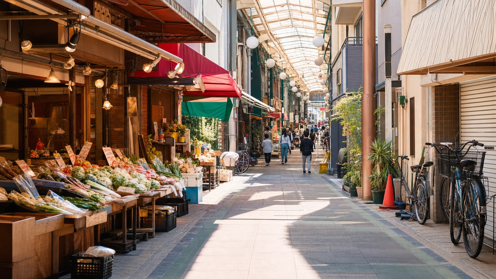 Covered shotengai shopping arcade in Kamata with produce stalls and local shops