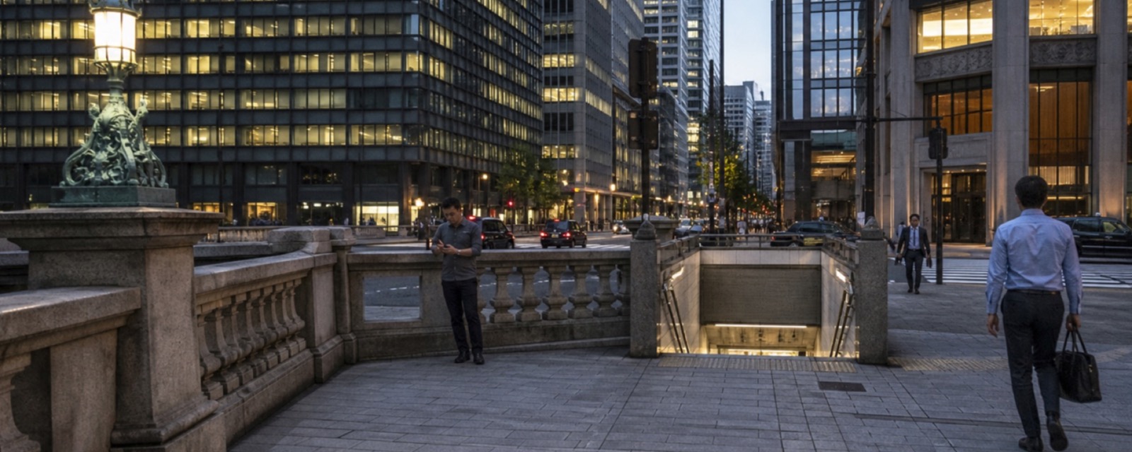 Nihonbashi Bridge and a nearby subway entrance at blue hour