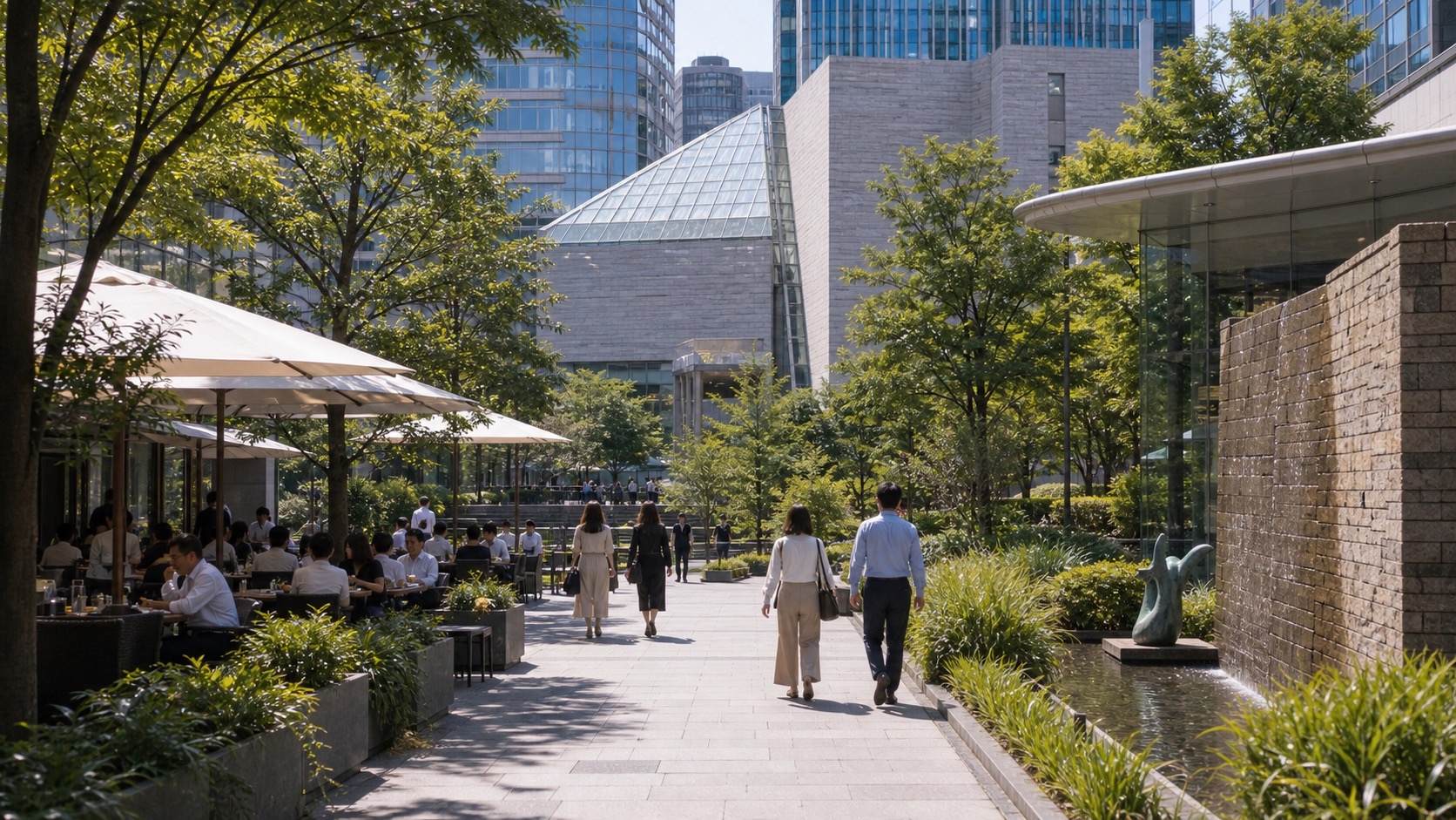 Tokyo Midtown area dining terrace and landscaped walkway in daylight