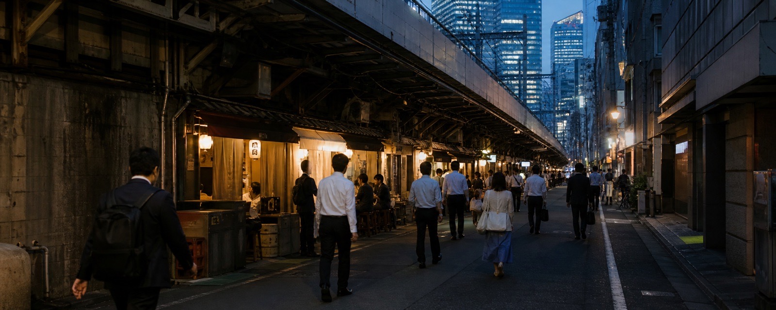 Evening under the railway near Shimbashi, Tokyo
