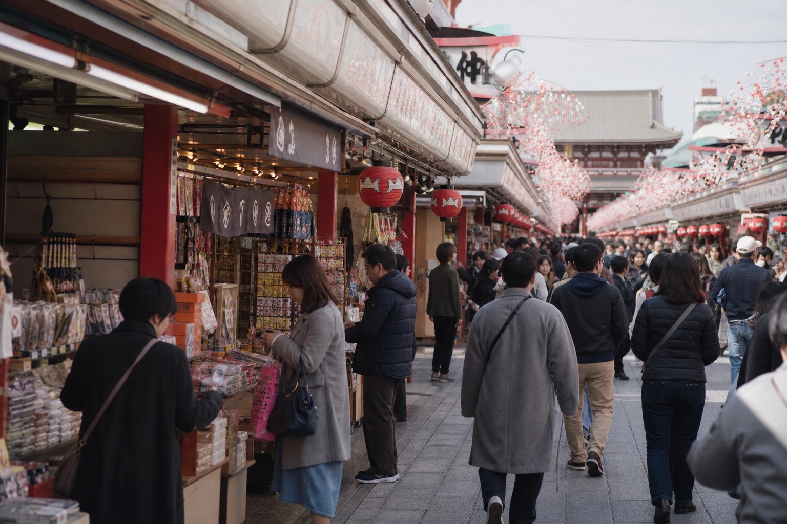 Visitors browsing Nakamise Shopping Street in Asakusa