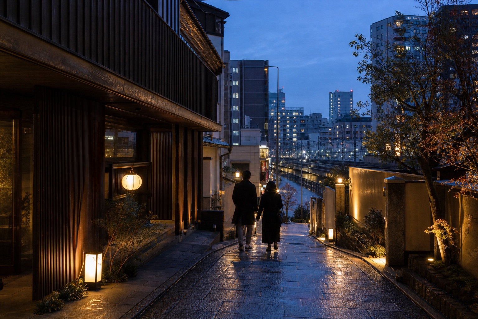 Editorial representation of a quiet Kagurazaka-inspired lane at blue hour