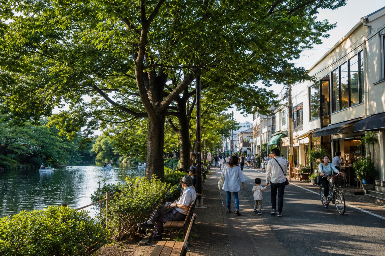 Editorial representation of a leafy pond-side park meeting a local western Tokyo neighborhood