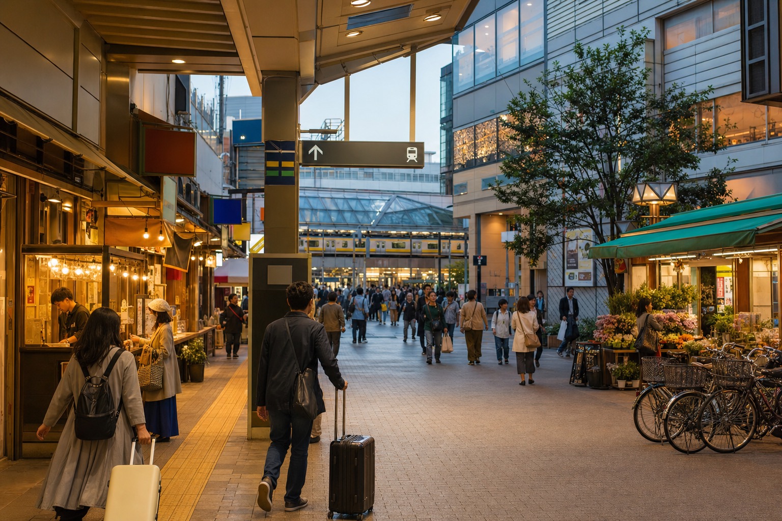 Travelers with luggage walking through a station-side shopping district