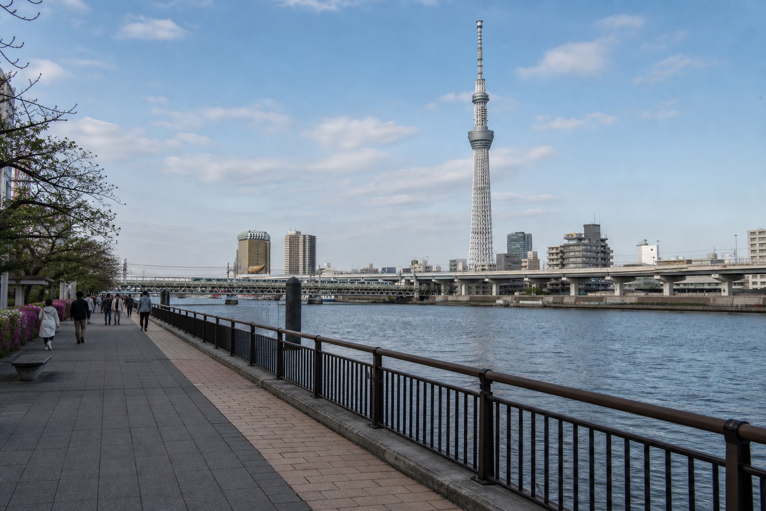 Tokyo Skytree across the Sumida River from an east-Tokyo promenade