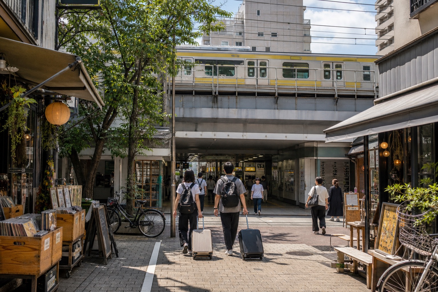 Travelers with rolling luggage approaching a local train station through a shopping street