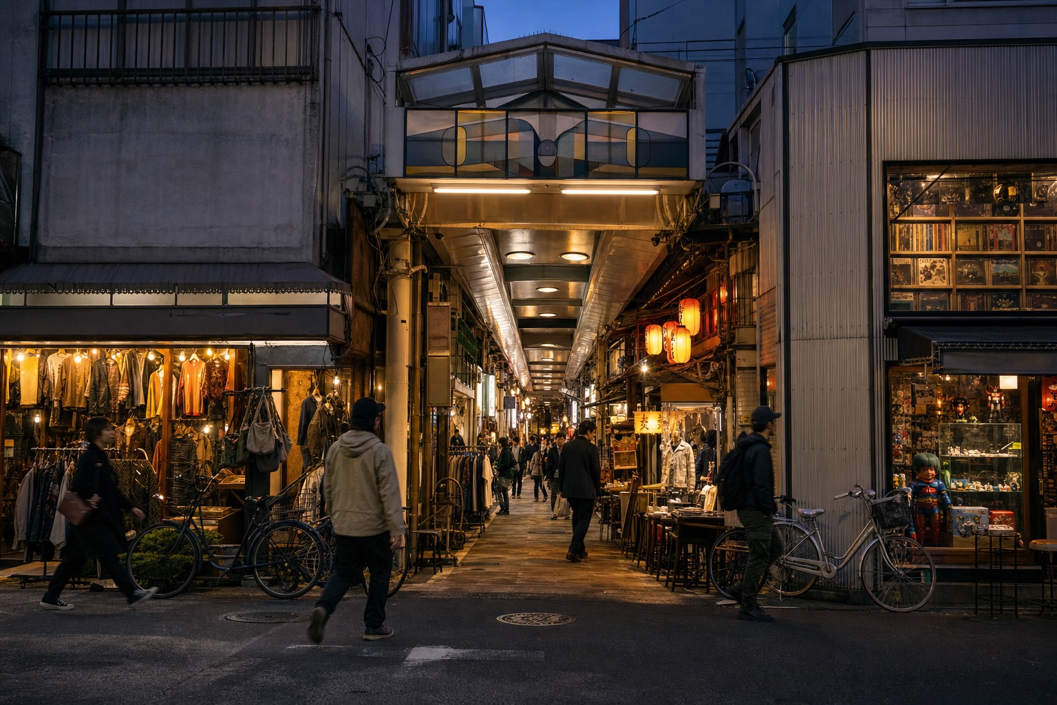 Editorial representation of a western Tokyo arcade with vintage shops and evening dining