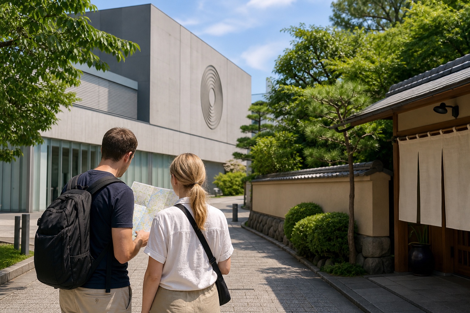 Travelers walking between cultural venues in an editorial Ryogoku streetscape