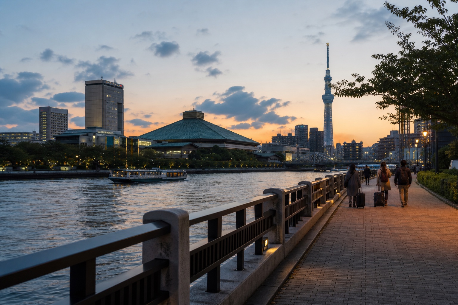 Editorial representation of the Ryogoku riverside at blue hour