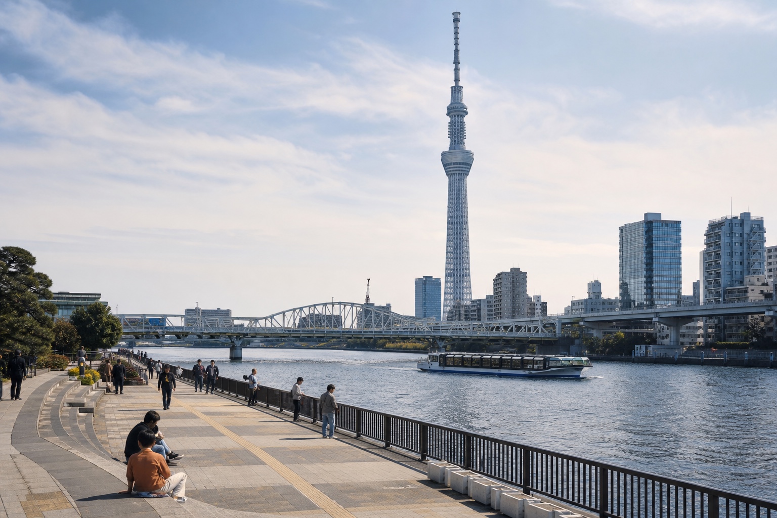 Sumida River promenade near Ryogoku with Tokyo Skytree