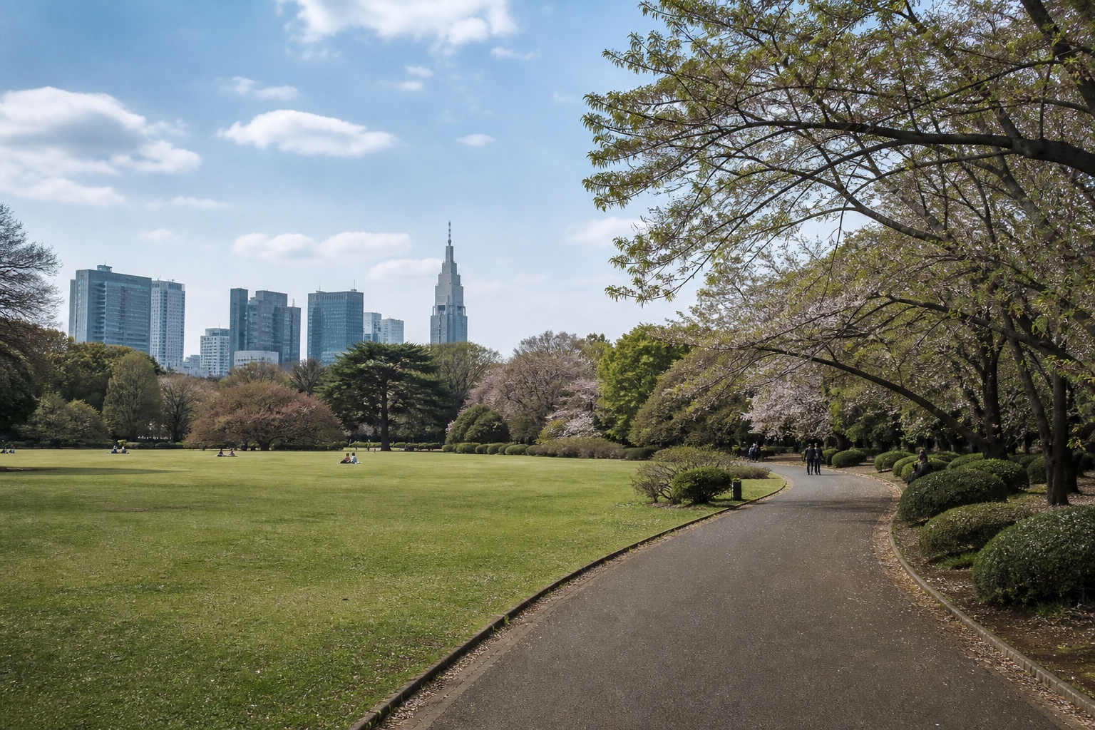 Shinjuku Gyoen National Garden lawn and tree-lined path