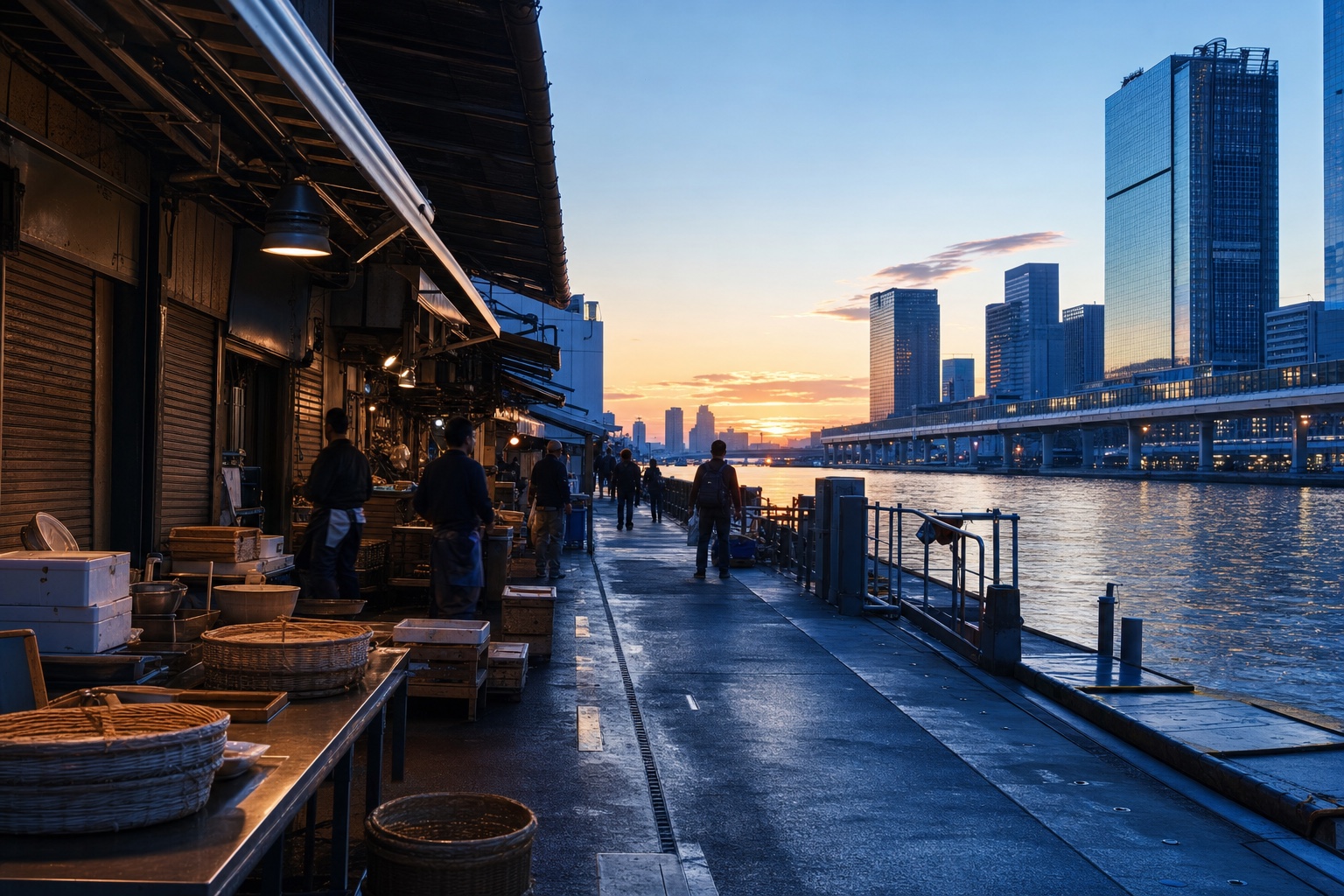 Editorial representation blending a traditional market lane with the Toyosu waterfront at sunrise