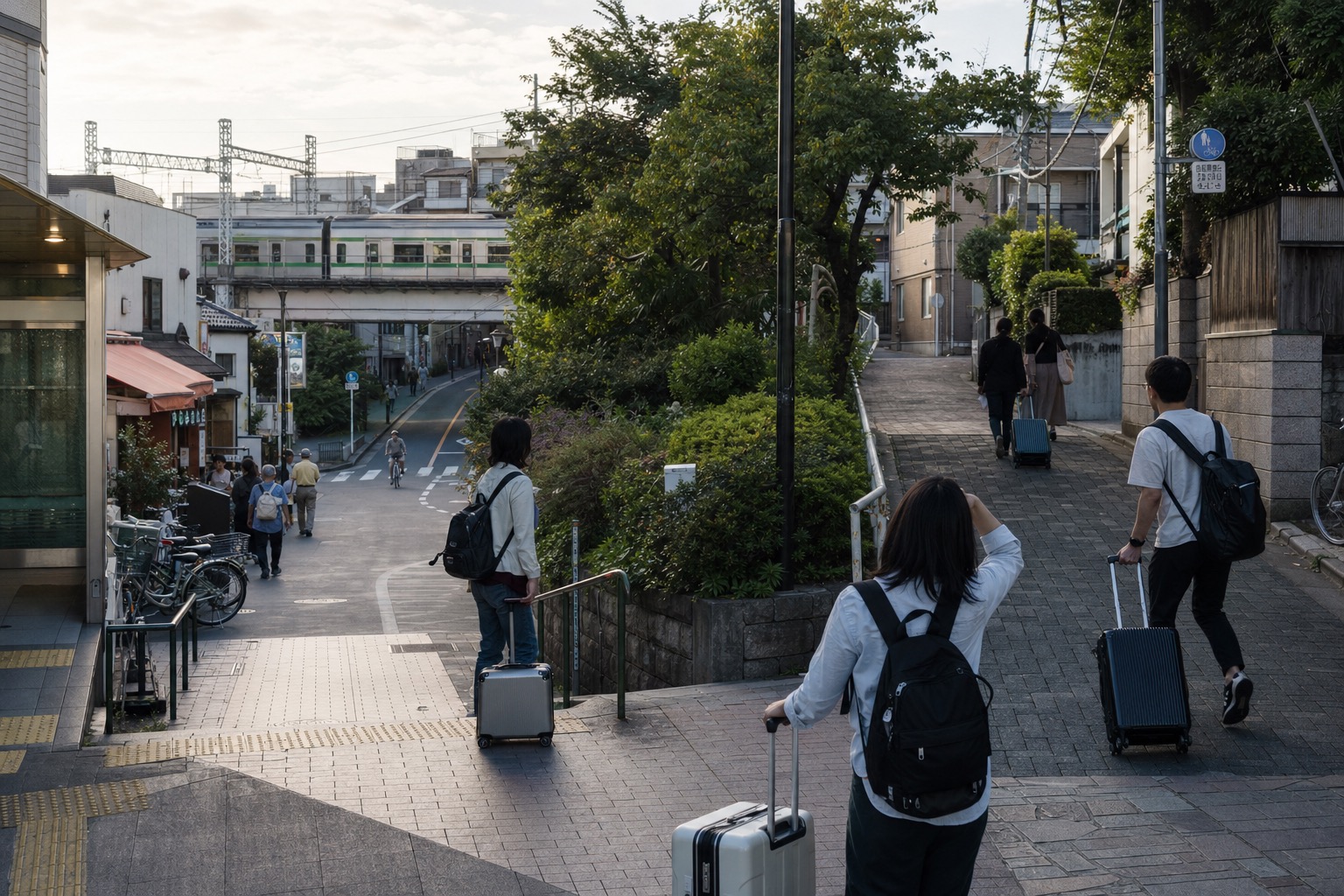 Travelers with luggage choosing between a station-side street and a sloping neighborhood lane