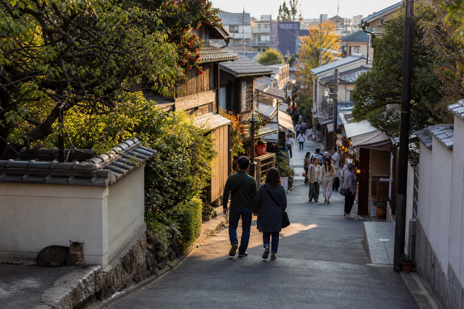 Editorial representation of a quiet old Tokyo slope with wooden homes, shops and temple walls
