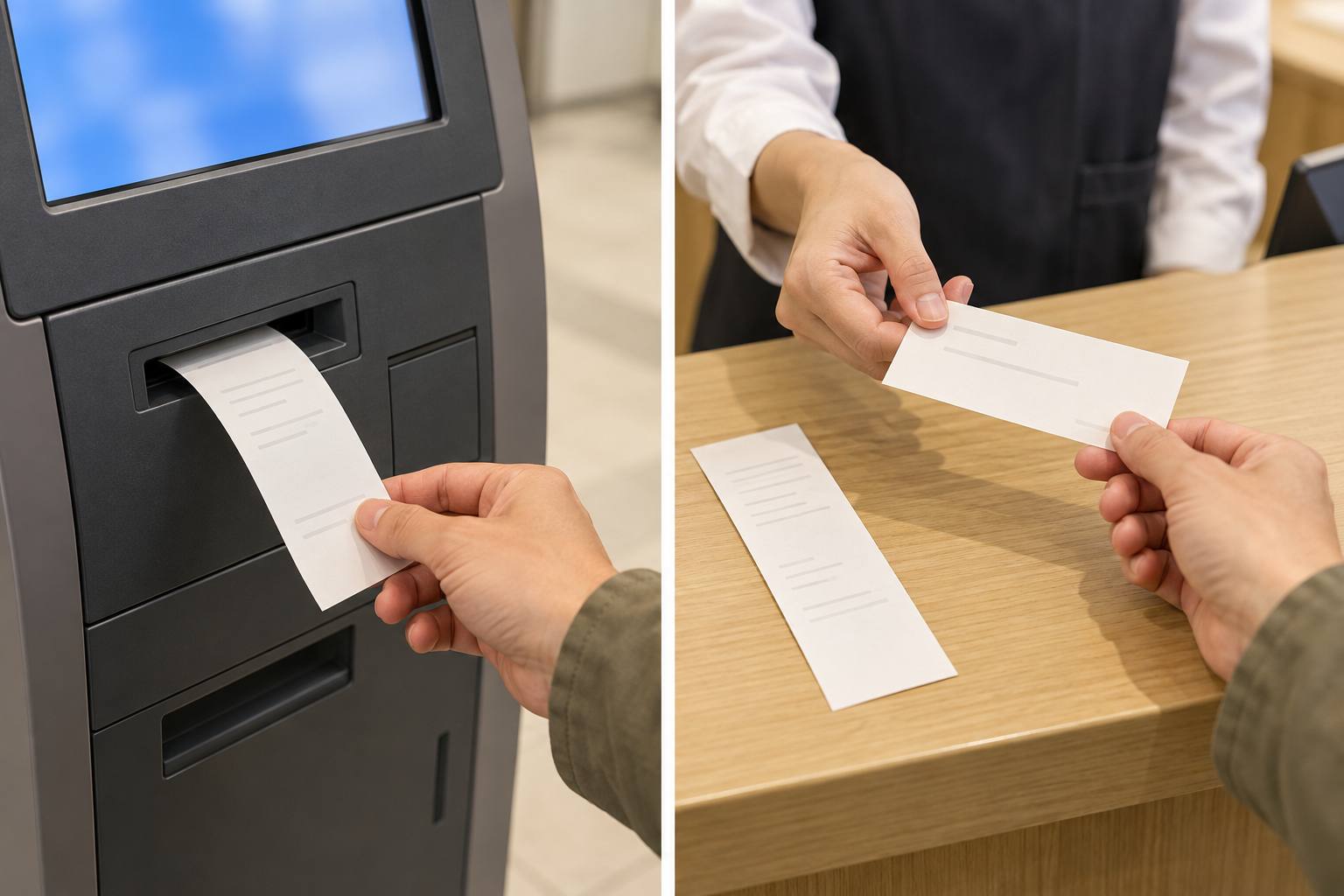 Two staged scenes show a paper slip taken from a terminal, then a cashier handing over a separate ticket while the slip rests on the counter.