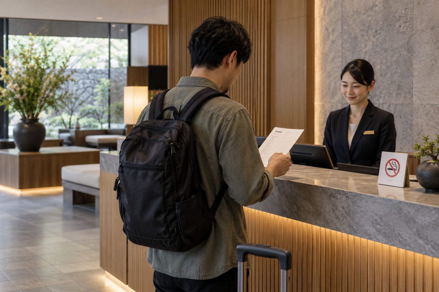 Traveler reviewing a booking confirmation beside a hotel reception counter with a no-smoking symbol.