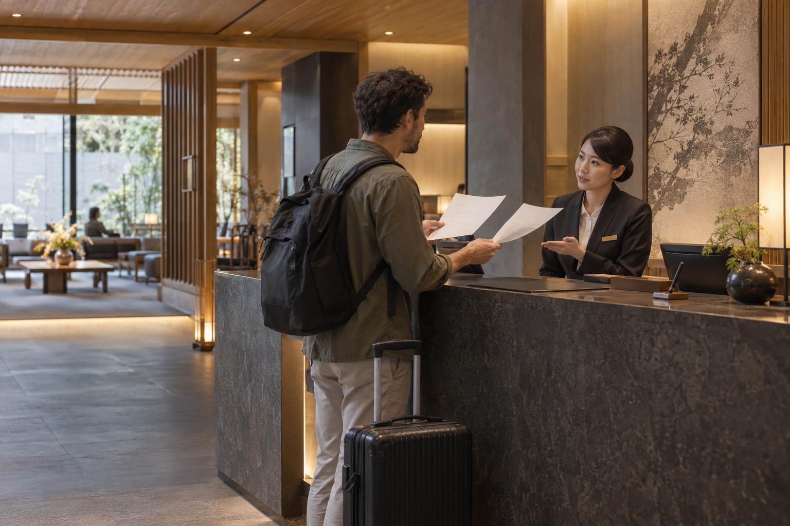 Traveler holding two booking confirmations at a hotel reception desk.