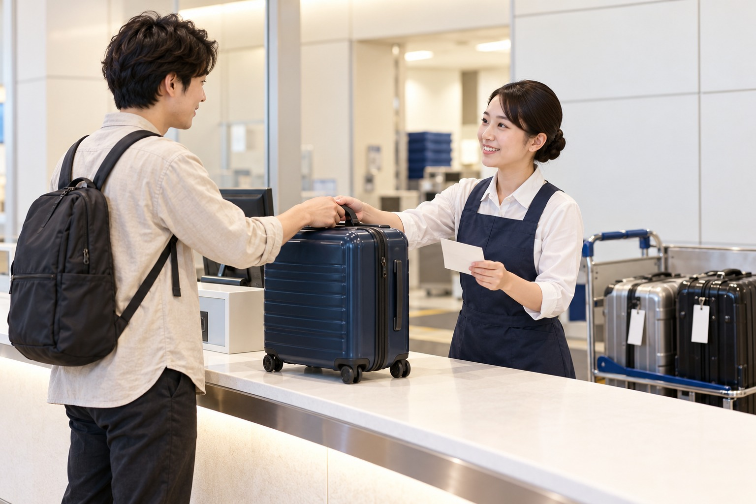 Editorial illustration of a traveler handing a suitcase to an airport delivery attendant beside a baggage trolley.