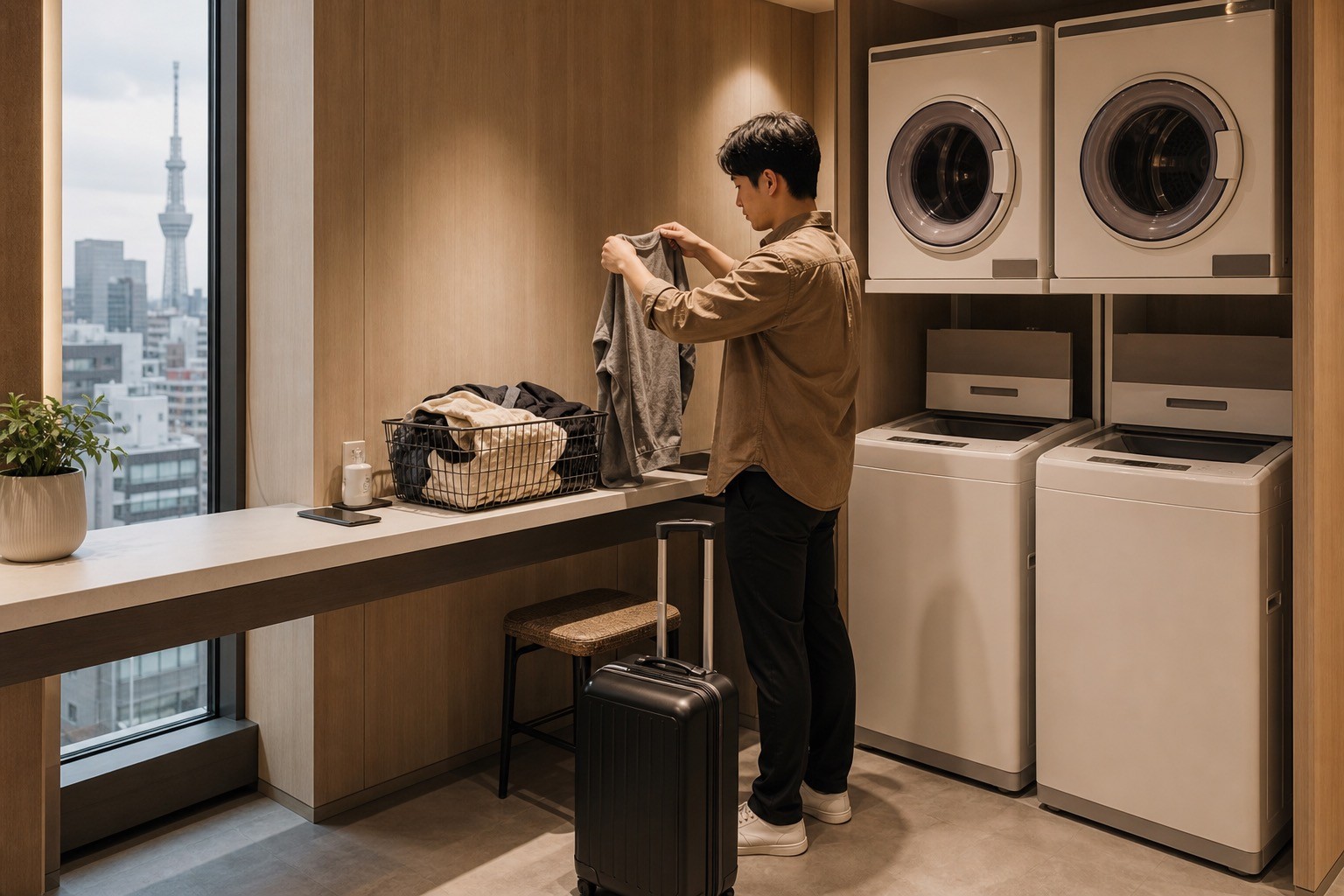 AI-generated concept of a traveler folding clothes in a hotel laundry room.