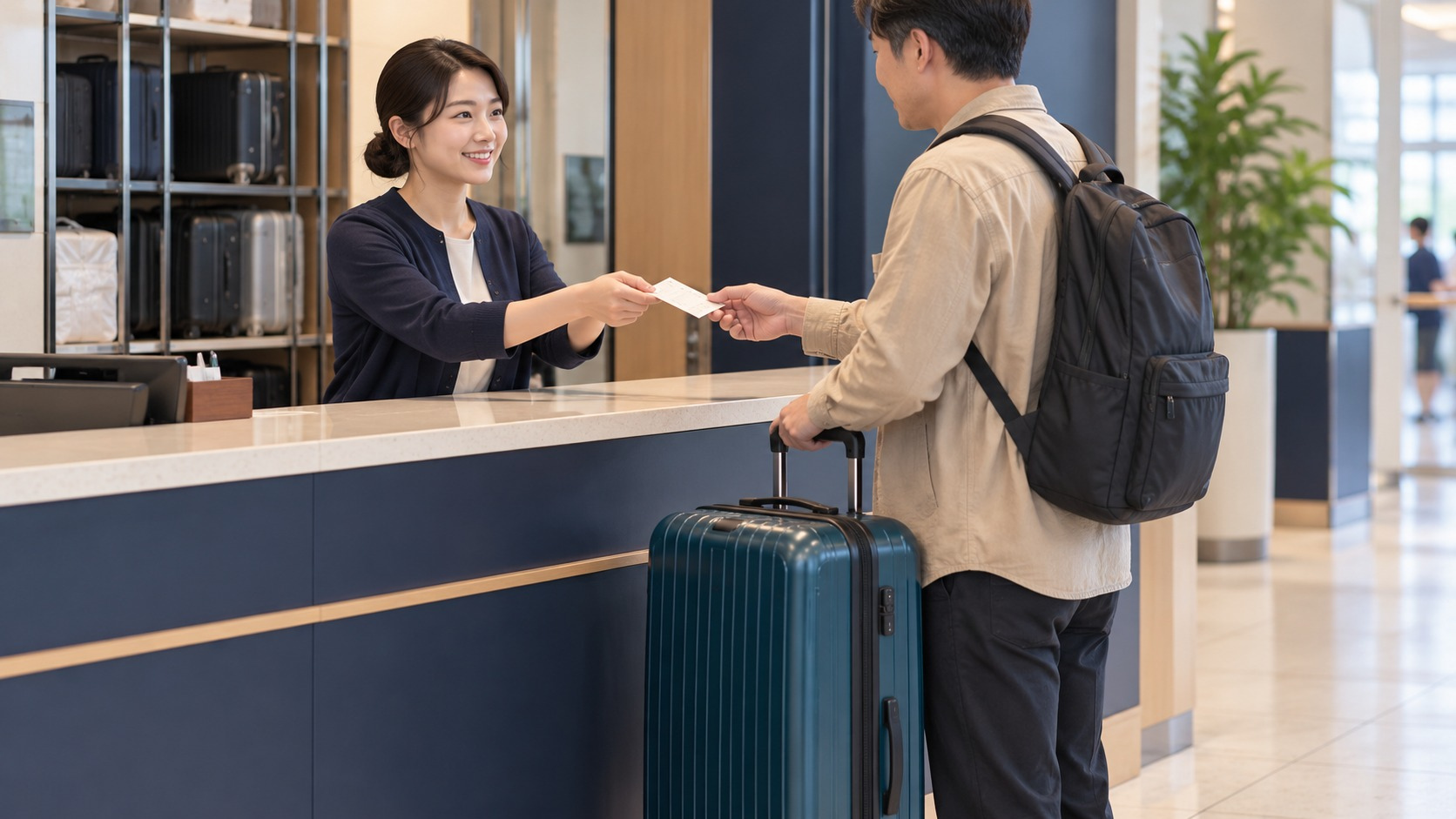 Illustration of a traveler receiving a claim ticket beside a large suitcase at a staffed luggage counter.