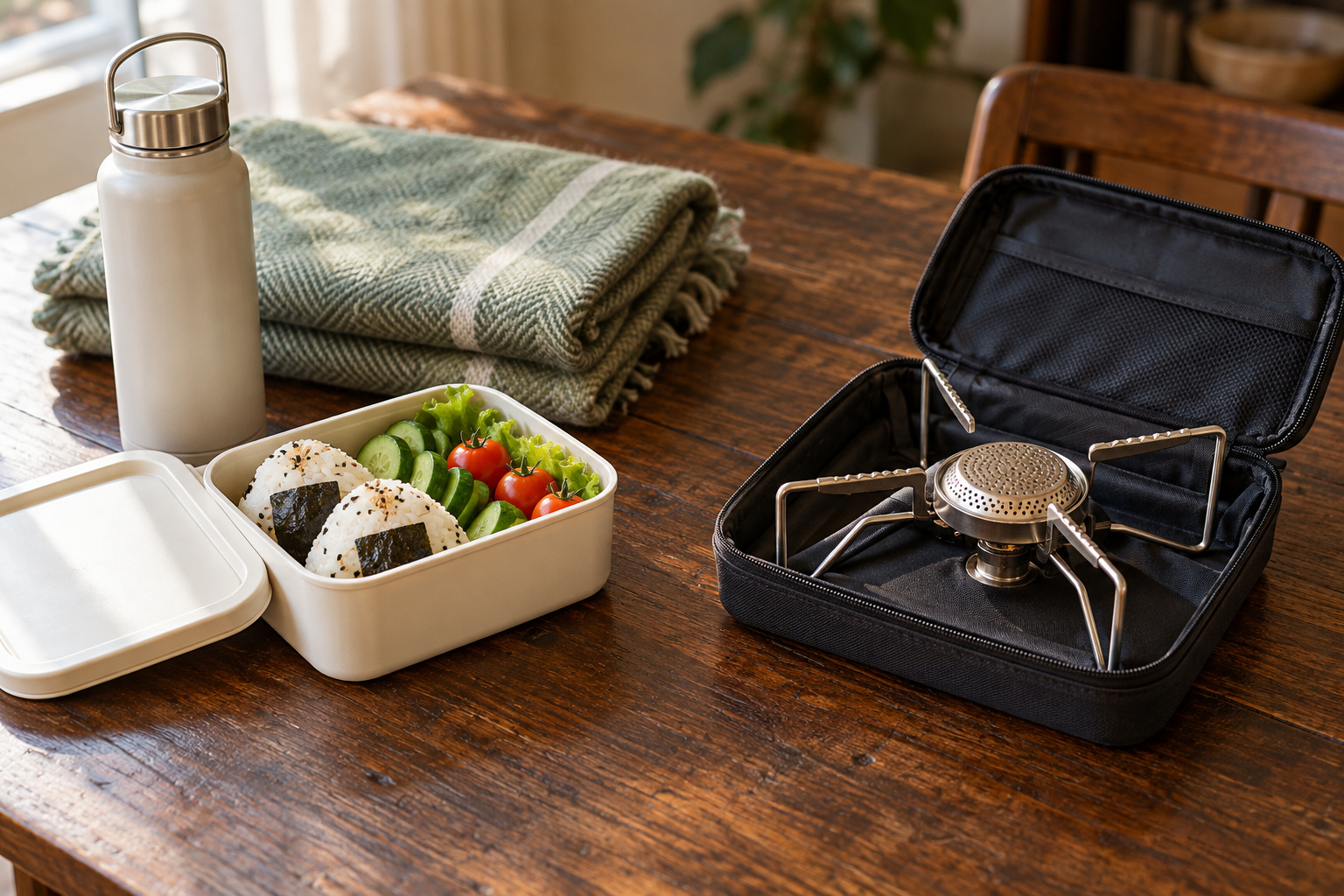 A packed lunch, water bottle and folded blanket beside an unlit portable stove in its open case on an indoor table.
