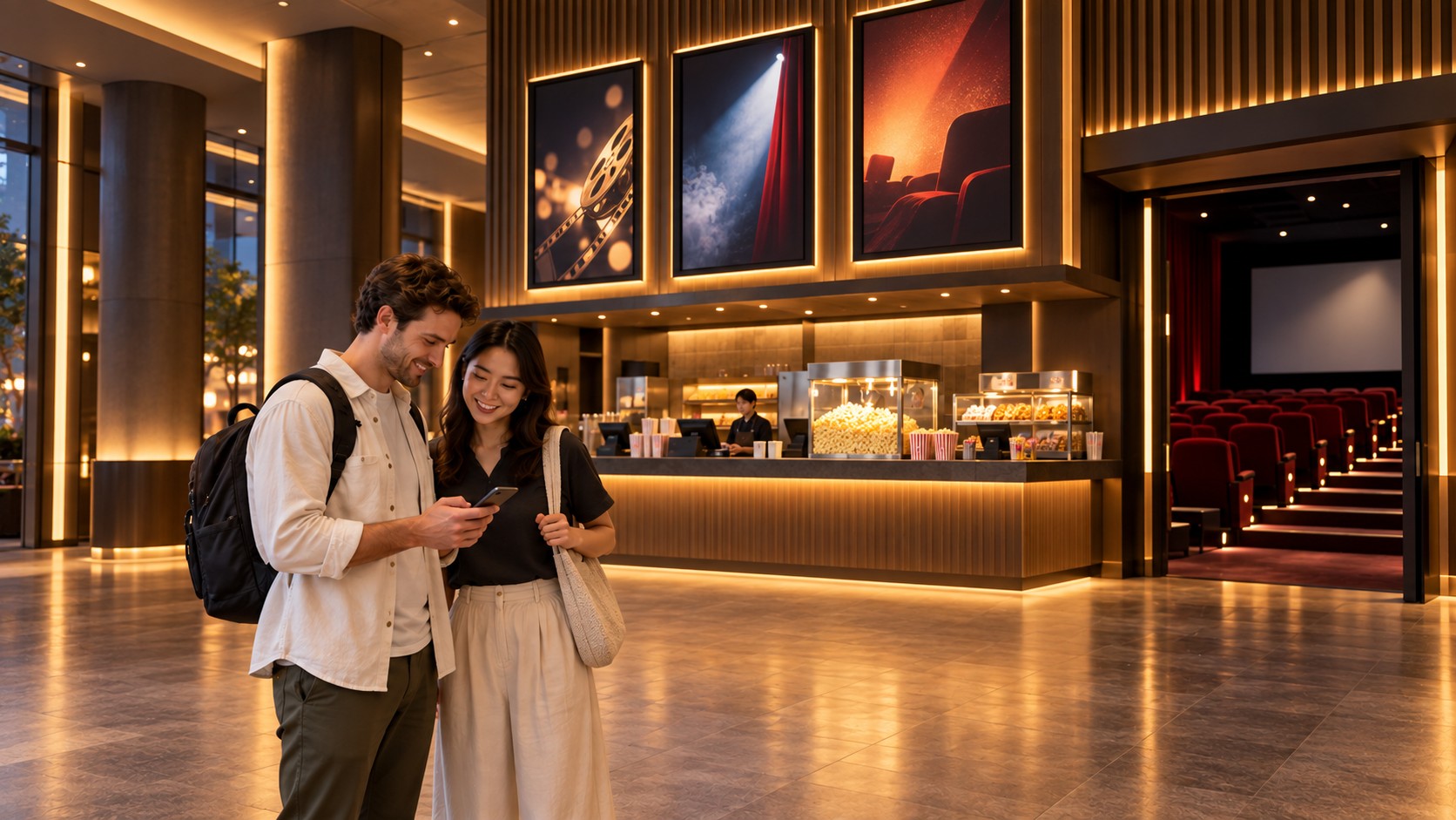 AI illustration of two visitors checking a phone in a fictional cinema lobby.