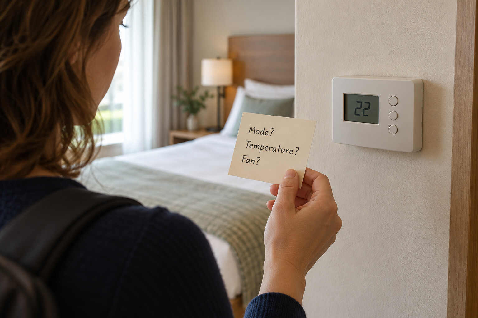 A traveler holds a card asking about mode, temperature and fan beside a generic room-control panel.