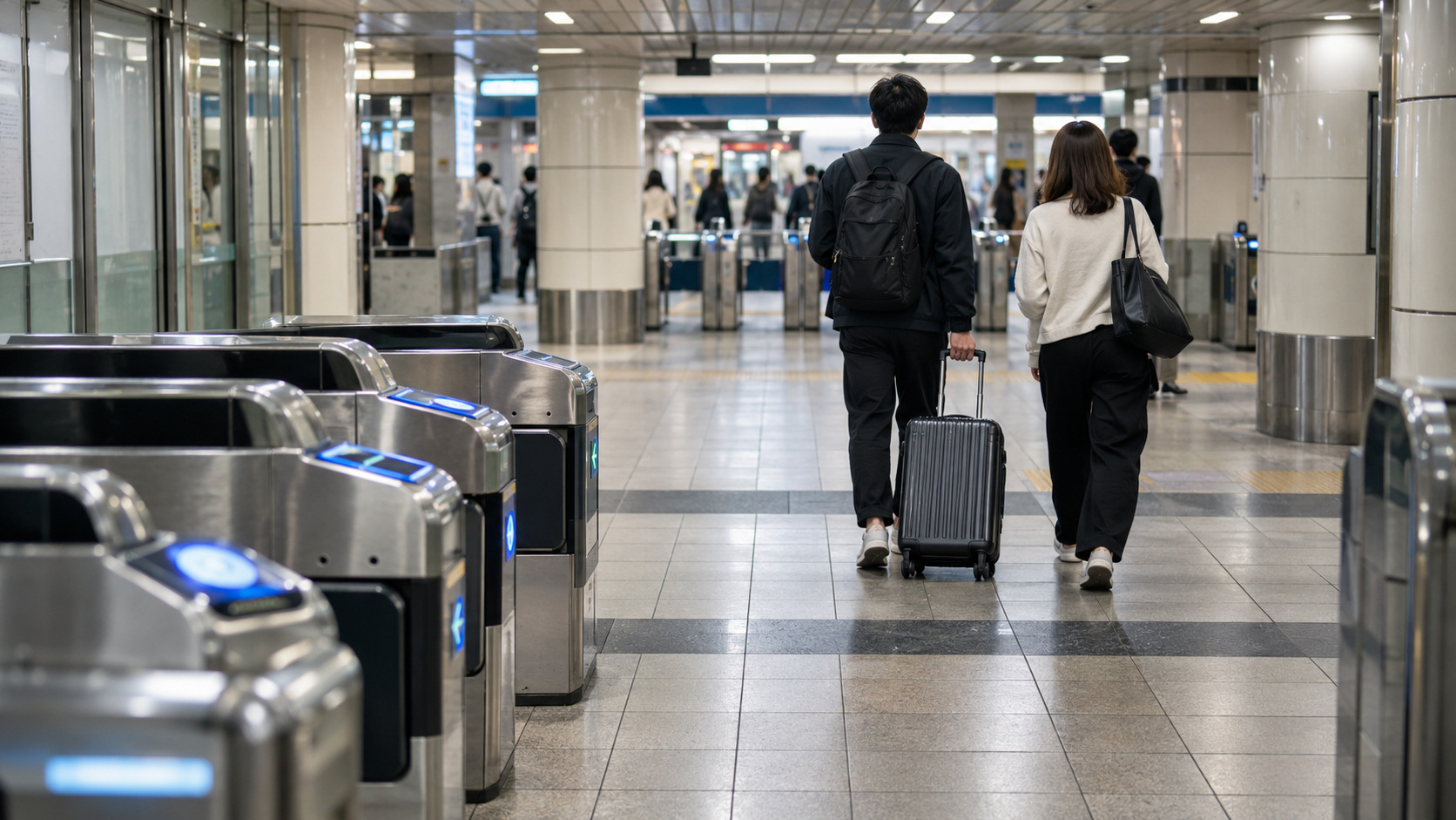 Two travelers walk through a Tokyo subway concourse between separate banks of ticket gates.