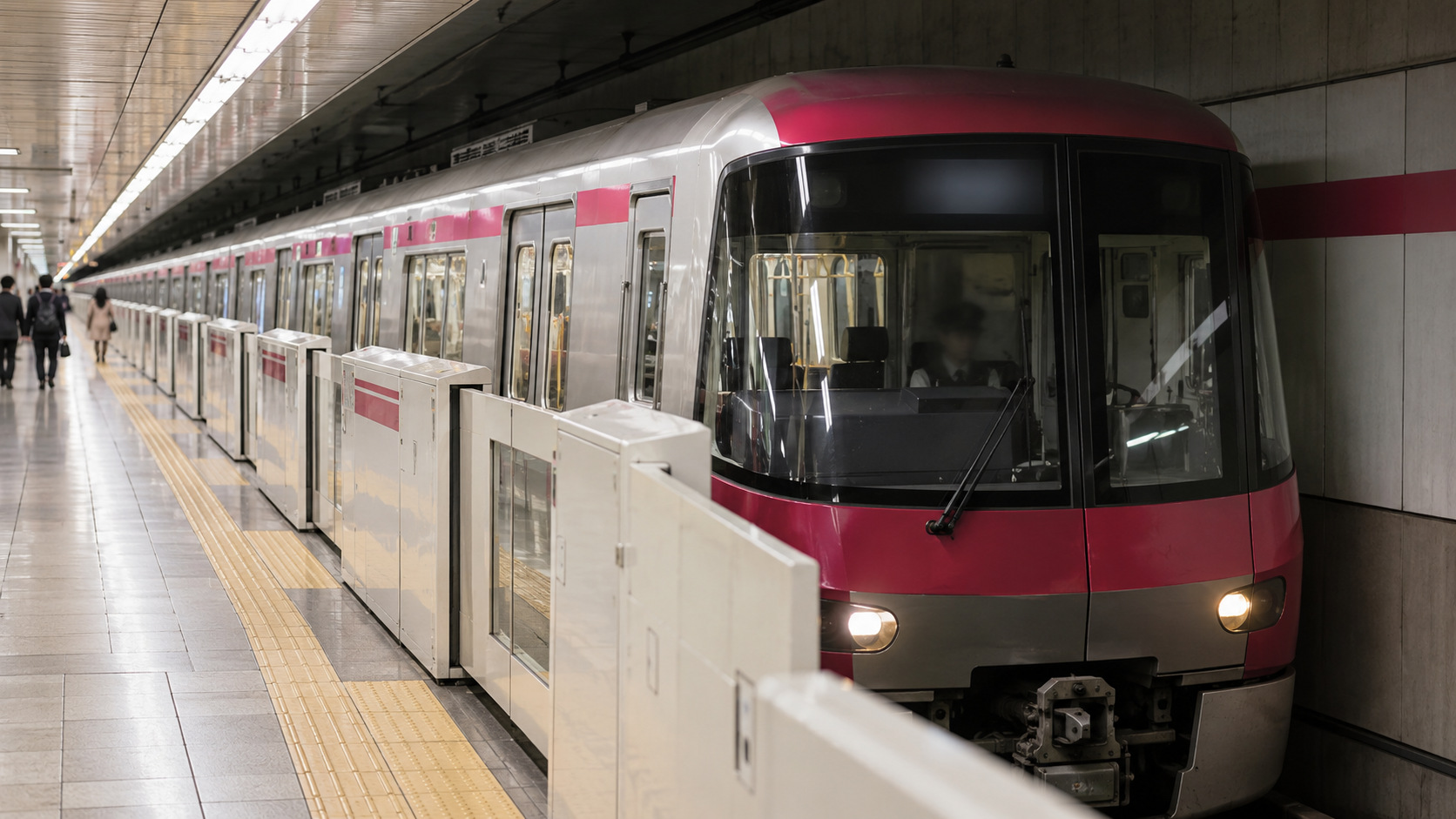 A silver and magenta Oedo Line-style train stands behind platform doors in an underground station.