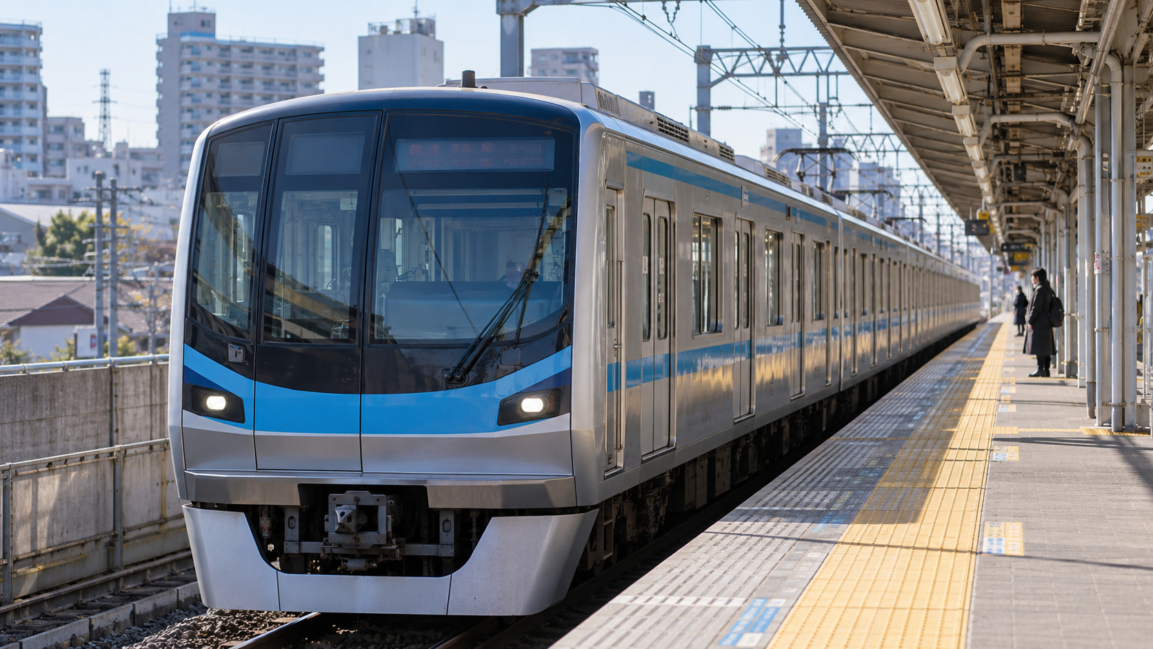 A silver and cyan Tozai Line-style train stands at a sunlit above-ground platform.