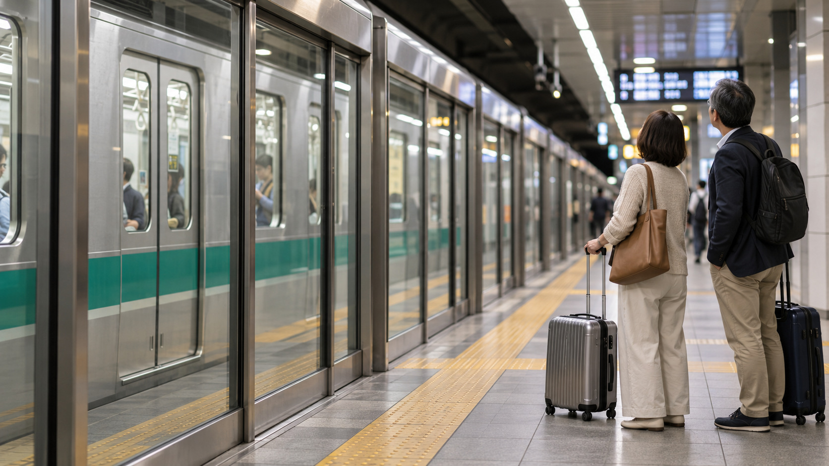 Two travelers with luggage look toward a departure display beside a green-striped train behind full-height platform doors.