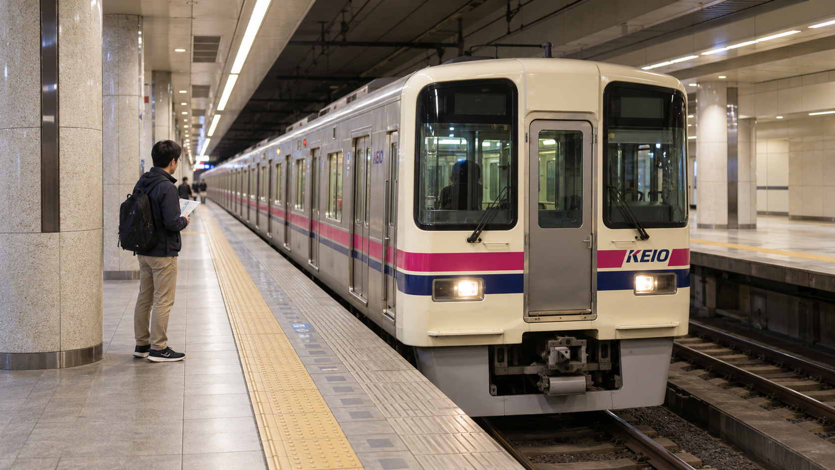 Photorealistic AI-generated image of a silver Keio train with magenta and navy stripes at an underground platform beside a traveler.