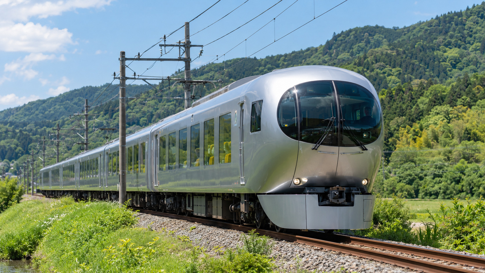 Photorealistic AI-generated image of Seibu’s silver Laview limited express, with its rounded nose and tall windows, traveling through green countryside.