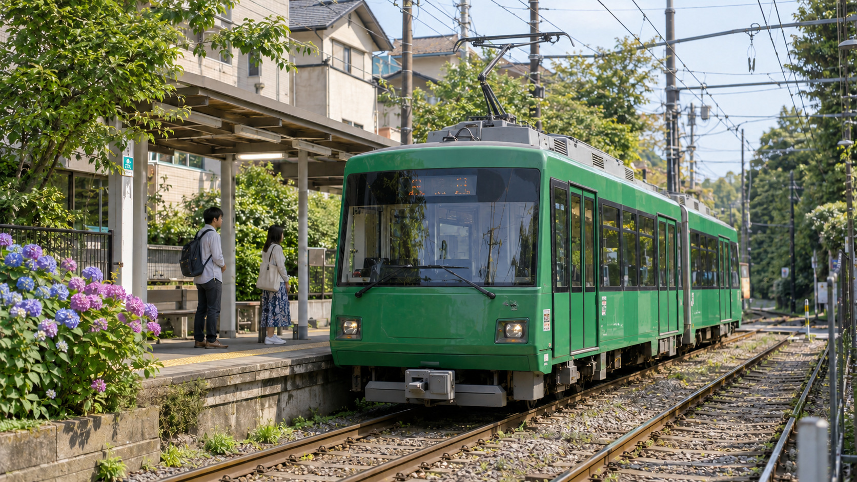 Photorealistic AI-generated image of a green two-car Setagaya Line tram at a quiet neighborhood platform with waiting passengers.