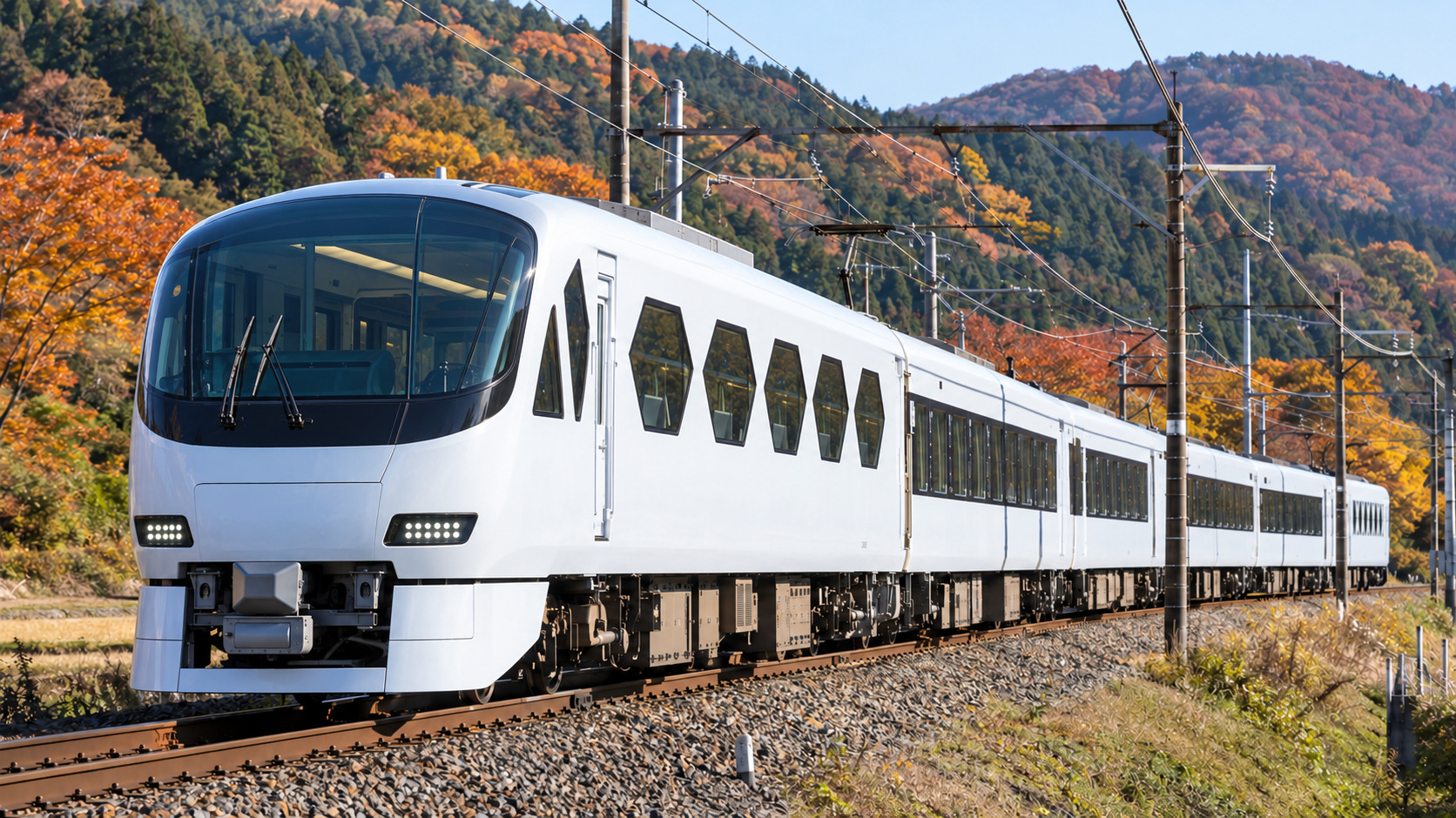 Photorealistic AI-generated image of Tobu’s white SPACIA X limited express with geometric lounge windows amid autumn-colored countryside.