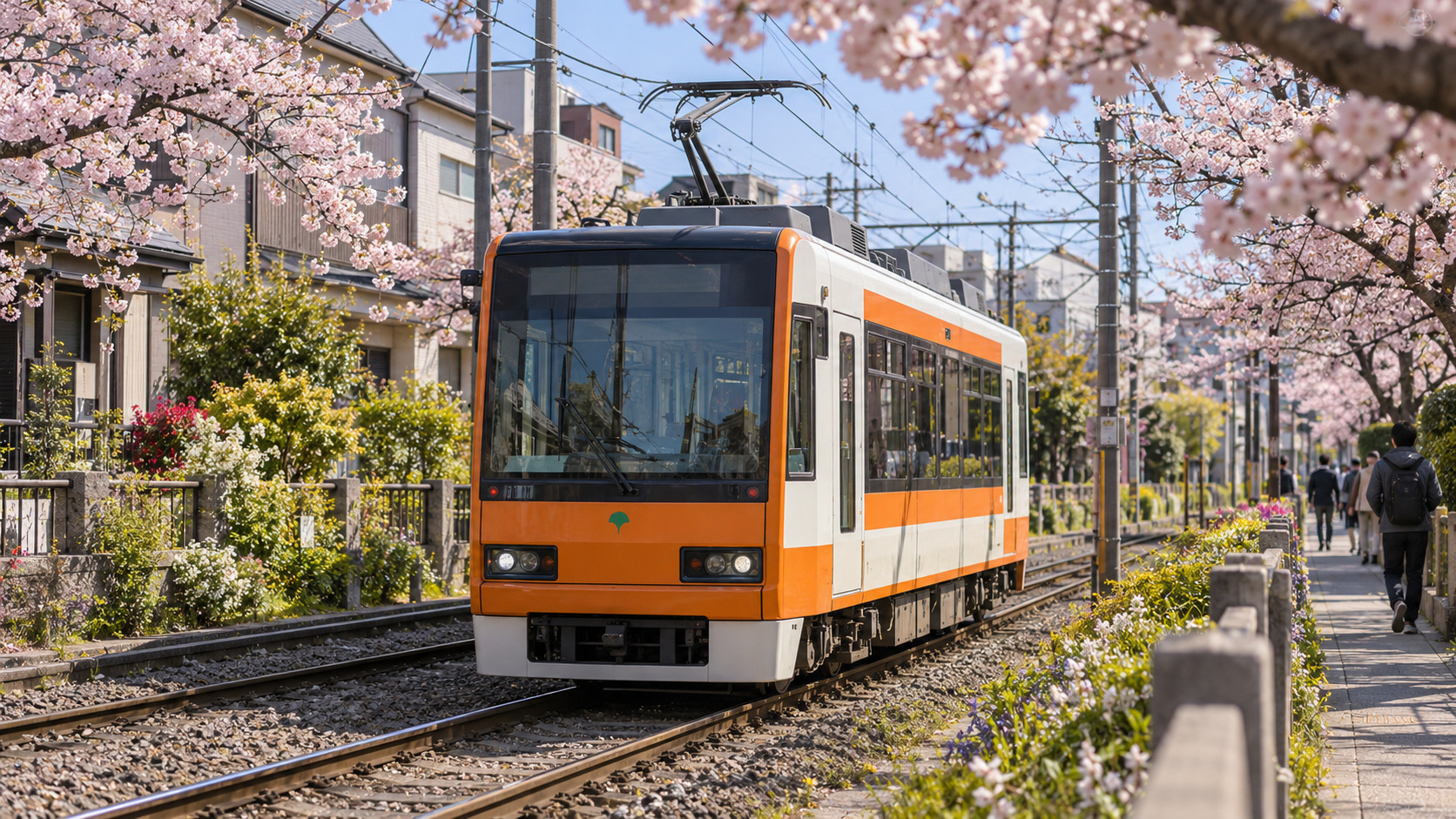 Photorealistic AI-generated image of an orange-and-cream Tokyo Sakura Tram passing neighborhood houses and spring blossoms.