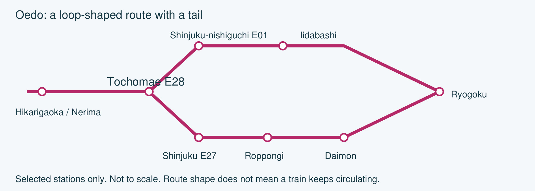 Oedo route shape with the Hikarigaoka tail and separate Shinjuku stations