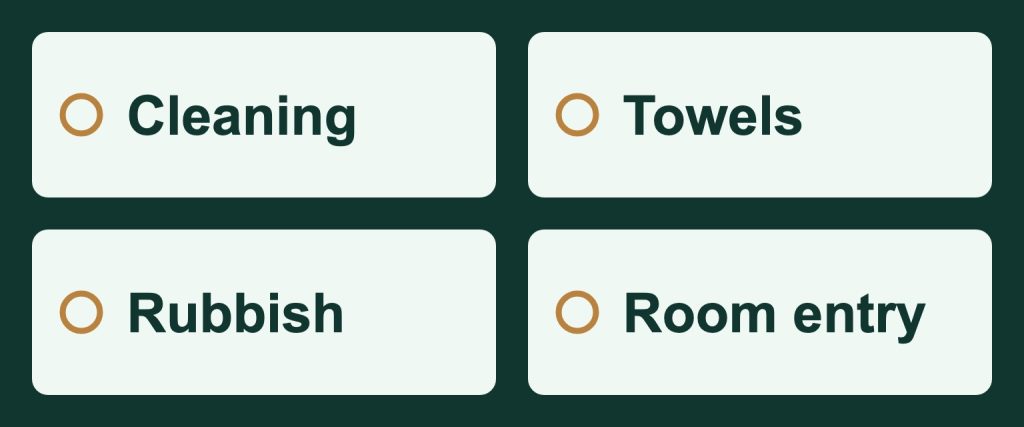 Four separate service categories labelled Cleaning, Towels, Rubbish and Room entry