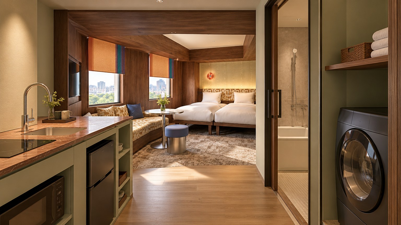 Illustration of a kitchenette and in-room washer-dryer in a fictional apartment-hotel room