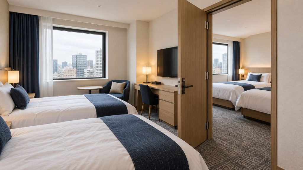 AI-generated illustration of fictional twin rooms joined by an open interior door. Not a photograph of a listed hotel.