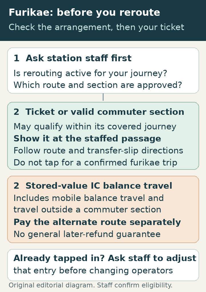 Check announced rerouting first. Valid tickets or commuter-pass sections may qualify at staffed gates; stored-value IC travel requires a separate fare.